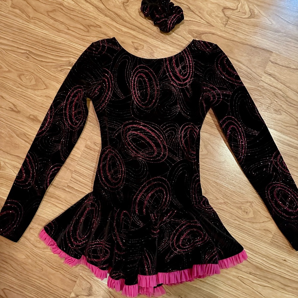 Black and Pink Figure Skating Dress with Glittery Design with matching scrunchie